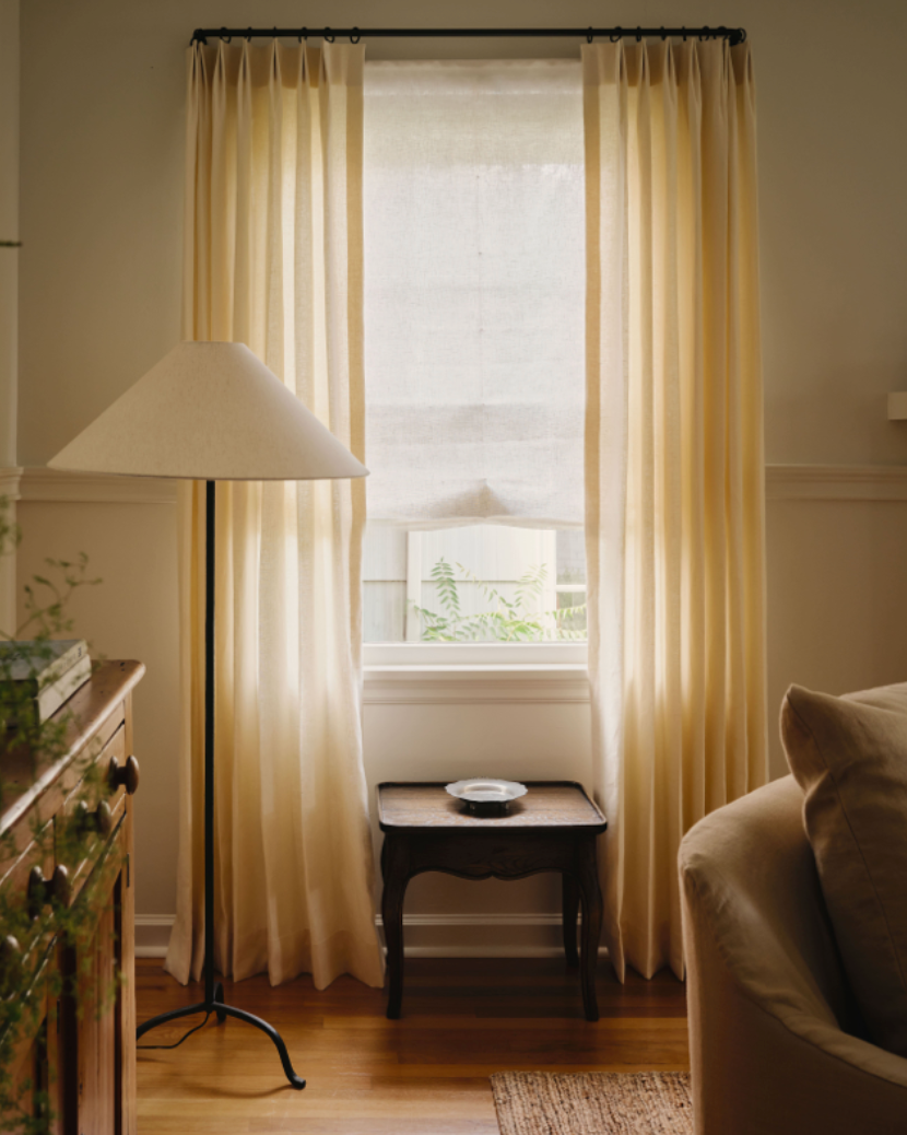 Layered Molly Kidd Studio window treatments.