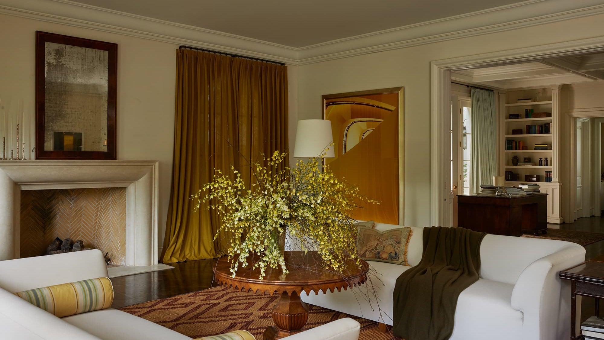 Beautifully layered drapery and shades